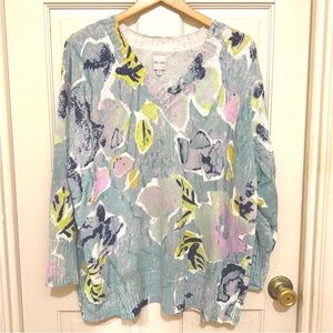 NIC+ZOE Greenhouse Garden CottonV-Neck Sweater - Blue and Yellow Floral